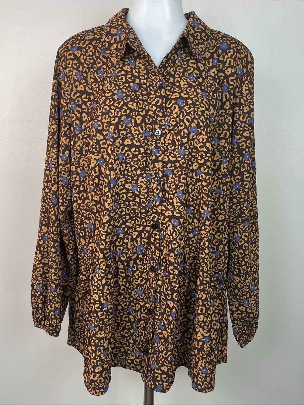 LOGO by Lori Goldstein QVC Brown and Blue Leopard Print Button-Down Shirt